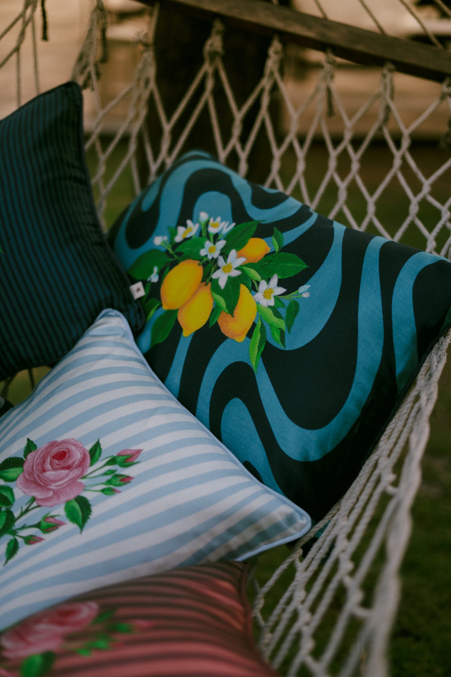 Printed motifs on Vertical Waves cushion covers