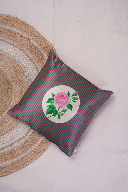 Floral Round Patch on Stripes cushion cover