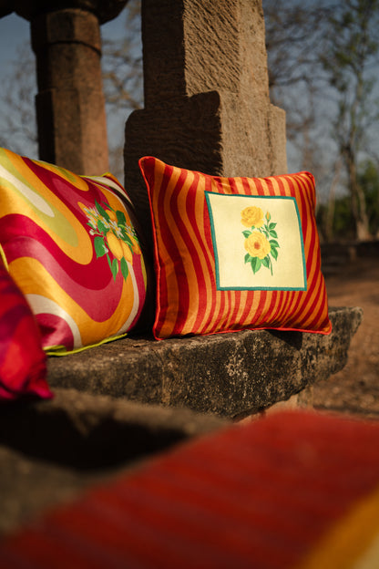 Floral Printed Patch on Stripes cushion cover