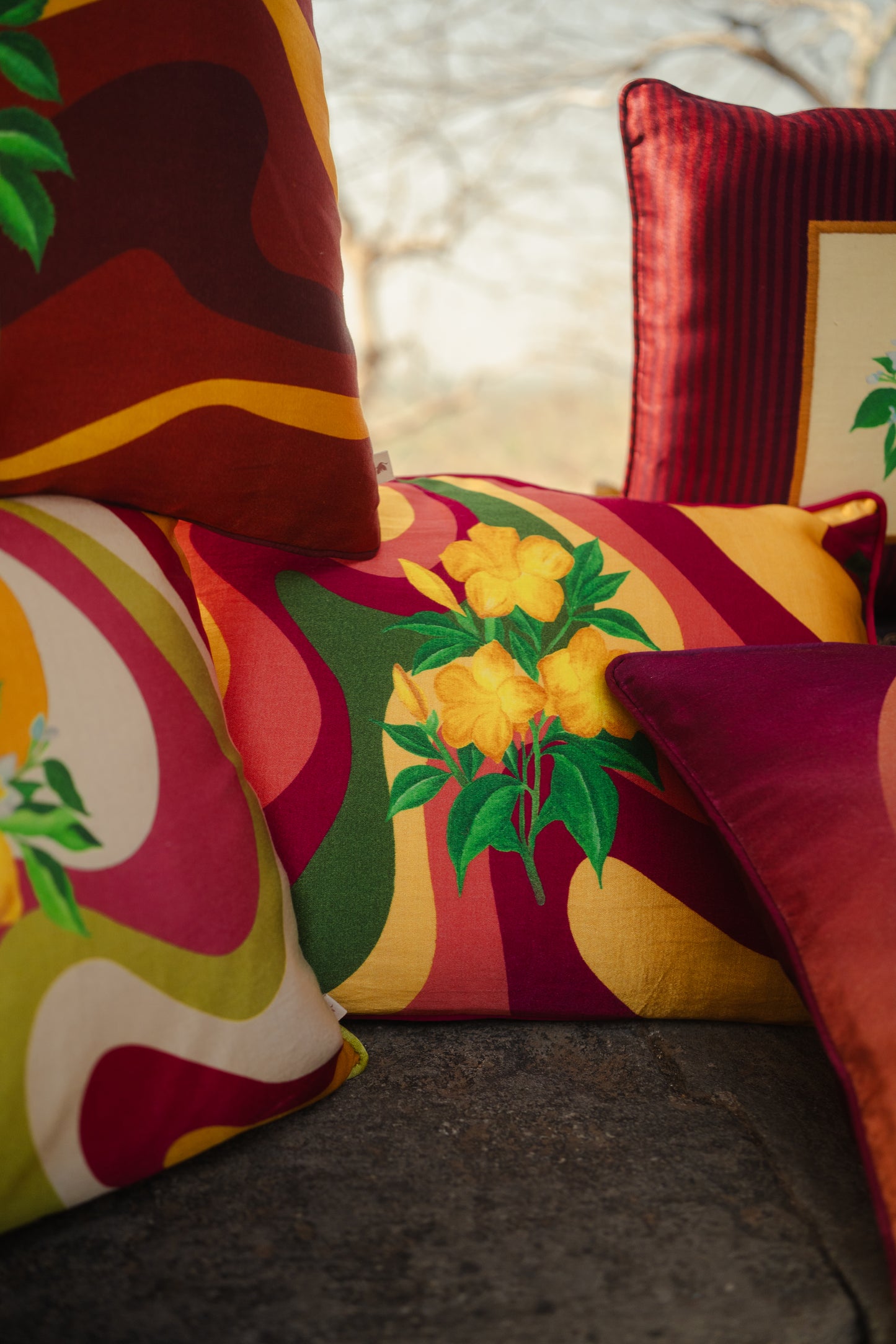 Printed motifs on Vertical Waves cushion covers