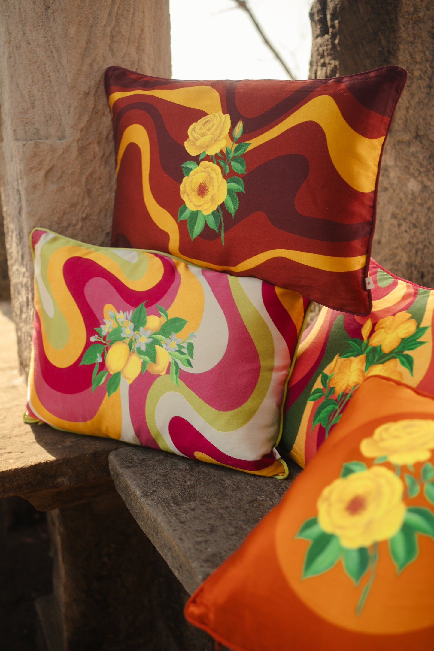 Printed motifs on Vertical Waves cushion covers