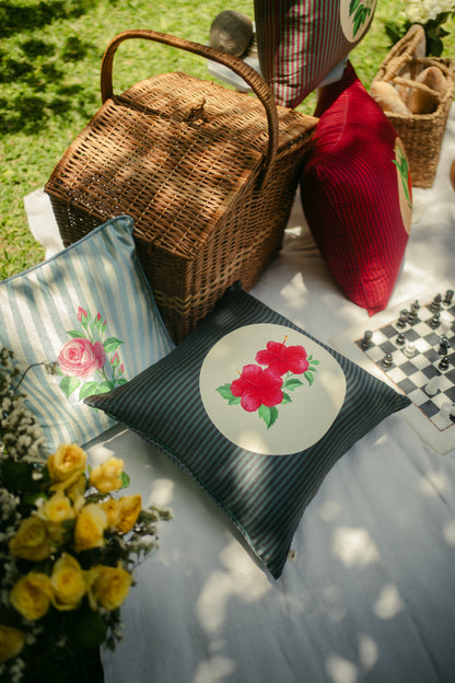 Floral Round Patch on Stripes cushion cover
