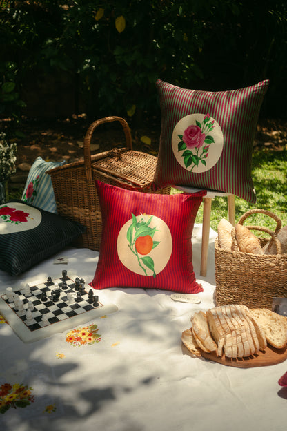 Floral Round Patch on Stripes cushion cover
